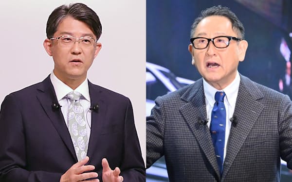 トヨタ自動車新社長に就任する佐藤恒治氏（写真左）と会長に就任する豊田章男氏
