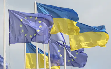 FILE PHOTO: Ukrainian and European flags fly, amid Russia's attack on Ukraine, in central Kyiv, Ukraine August 11, 2025. REUTERS/Gleb Garanich/File Photo
