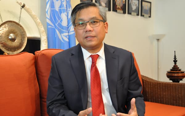 ミャンマーのチョーモートゥン国連大使は日本企業などに事業停止を求めた(1日、ニューヨーク)