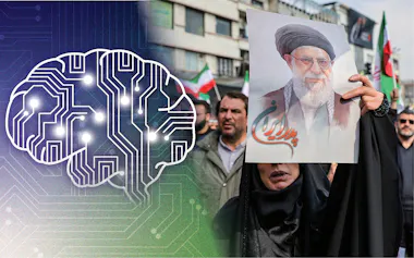 右はイラン攻撃で亡くなったハメネイ師の肖像を掲げる女性(テヘラン)=NIKKEI montage/WANAロイター