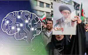 右はイラン攻撃で亡くなったハメネイ師の肖像を掲げる女性(テヘラン)=NIKKEI montage/WANAロイター 右はイラン攻撃で亡くなったハメネイ師の肖像を掲げる女性(テヘラン)=NIKKEI montage/WANAロイター