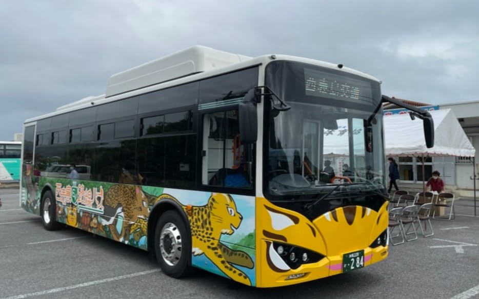 導入したEVバスの車体には、イリオモテヤマネコなどを描いた（3日、沖縄県竹富町）