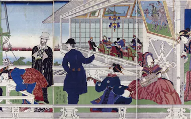 歌川貞秀「横浜異人商館之図」(1861年、木版、三枚続、横浜美術館蔵、齋藤龍氏寄贈、横浜美術館提供)