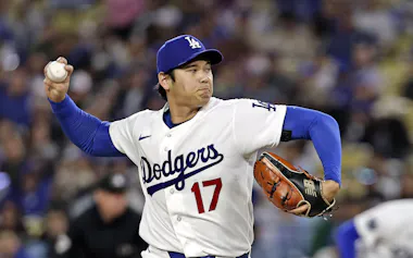 マーリンズ戦に先発登板したドジャース・大谷(28日、ロサンゼルス)=共同