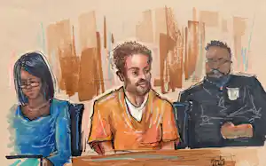 出廷したコール・トーマス・アレン容疑者(中央)の法廷スケッチ(4月30日、ワシントン)=Emily Goff・ロイター 出廷したコール・トーマス・アレン容疑者(中央)の法廷スケッチ(4月30日、ワシントン)=Emily Goff・ロイター