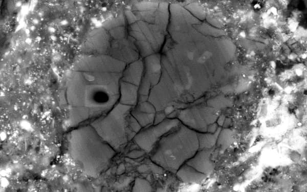 太陽の近くで作られた微粒子。中央左の黒い点は測定のときにできた穴＝東北大学提供
