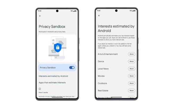 米グーグルがスマートフォン向けに試用版の提供を始めた「プライバシーサンドボックス」の画面（同社提供）