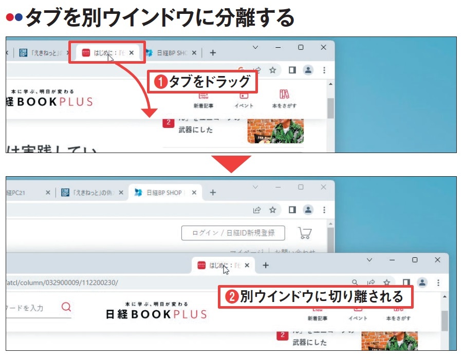 図2 2つのウェブページを見比べたいときは、マウスでタブを斜めにドラッグすればよい(1)。すると別ウインドウに切り離されるので、並べて表示できる(2)