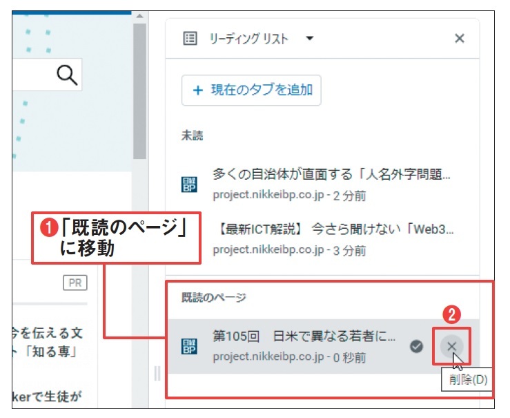 図4 図3の2をクリックすると、リストの下に「既読のページ」欄ができ、そこに移動する(1)。完全に削除するには、右端の「×」をクリックする(2)