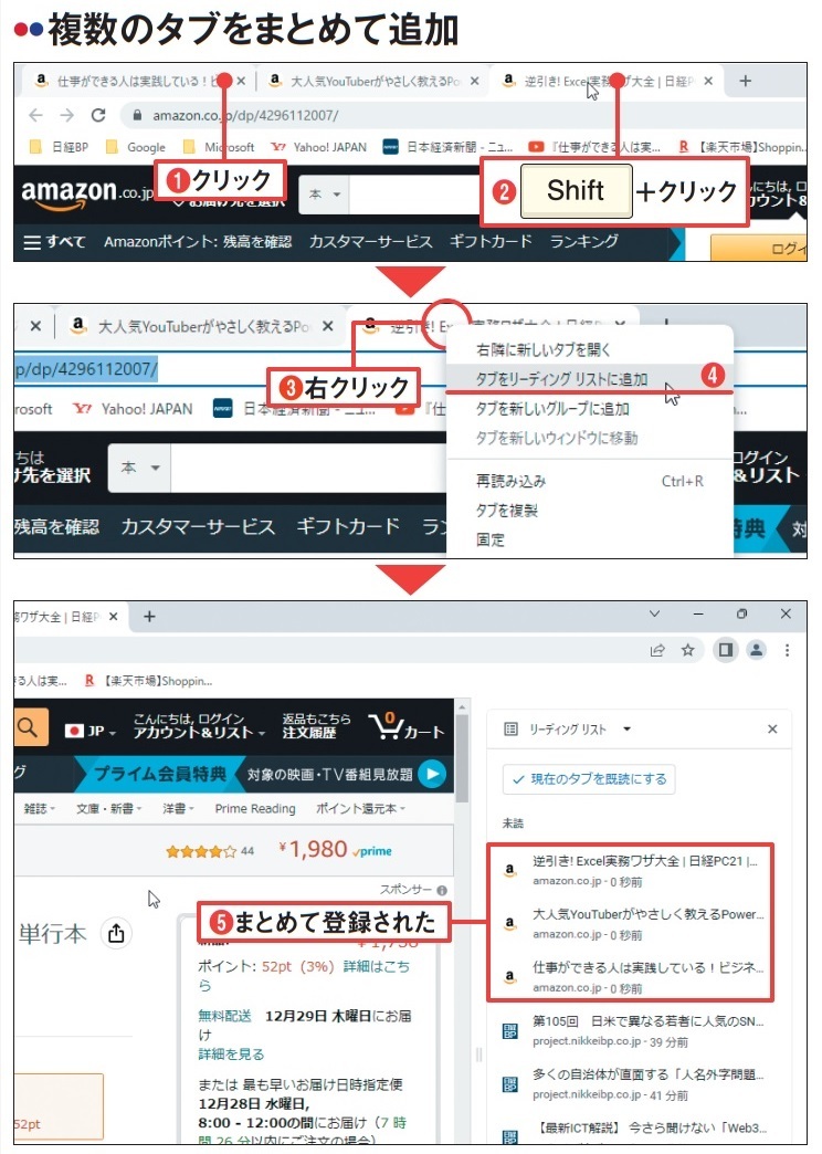 図5 タブを複数開いているとき、それらをまとめてリーディングリストに登録することもできる。「Shift」+クリックや「Ctrl」+クリックの操作でタブを複数選択し(1、2)、右クリックメニューから「タブをリーディングリストに追加」を選べばよい(3〜5)