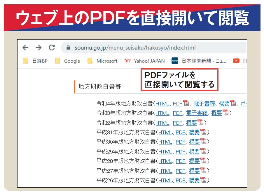 図1 ウェブ上で公開されているPDFファイルは、リンクをクリックすることで、ブラウザー上で直接開いて閲覧できる