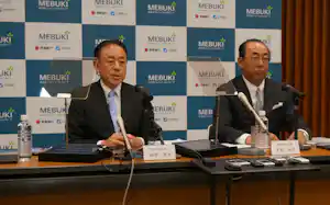 2026年3月期連結決算を発表する、めぶきFGの秋野哲也社長㊧と清水和幸副社長(13日、水戸市) 2026年3月期連結決算を発表する、めぶきFGの秋野哲也社長㊧と清水和幸副社長(13日、水戸市)