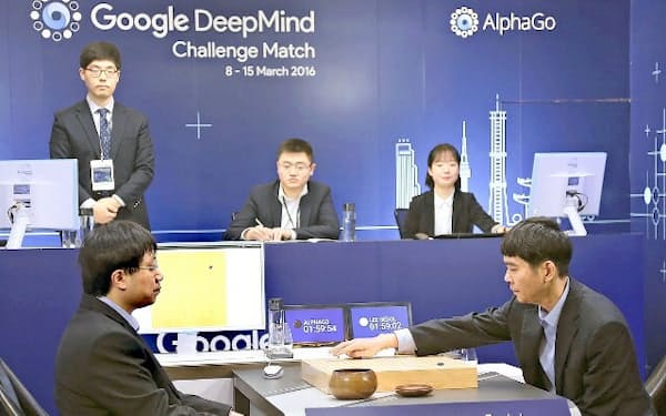 2016年に実施された囲碁のAIと韓国人プロ棋士の対局風景。左側の人がAIが決めた通りに打つ=グーグル提供・共同