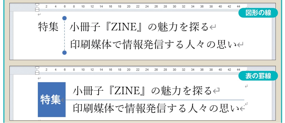 図2 線の色や太さ、種類などを自由に設定したいときは図形の線がお薦め(上)。長さや位置も調節しやすい。文字列をブロックごとに分けたいなら、表の罫線を利用しよう(下)。セルの色と罫線を組み合わせながら、タイトル文字などを柔軟に区切ってレイアウトできる
