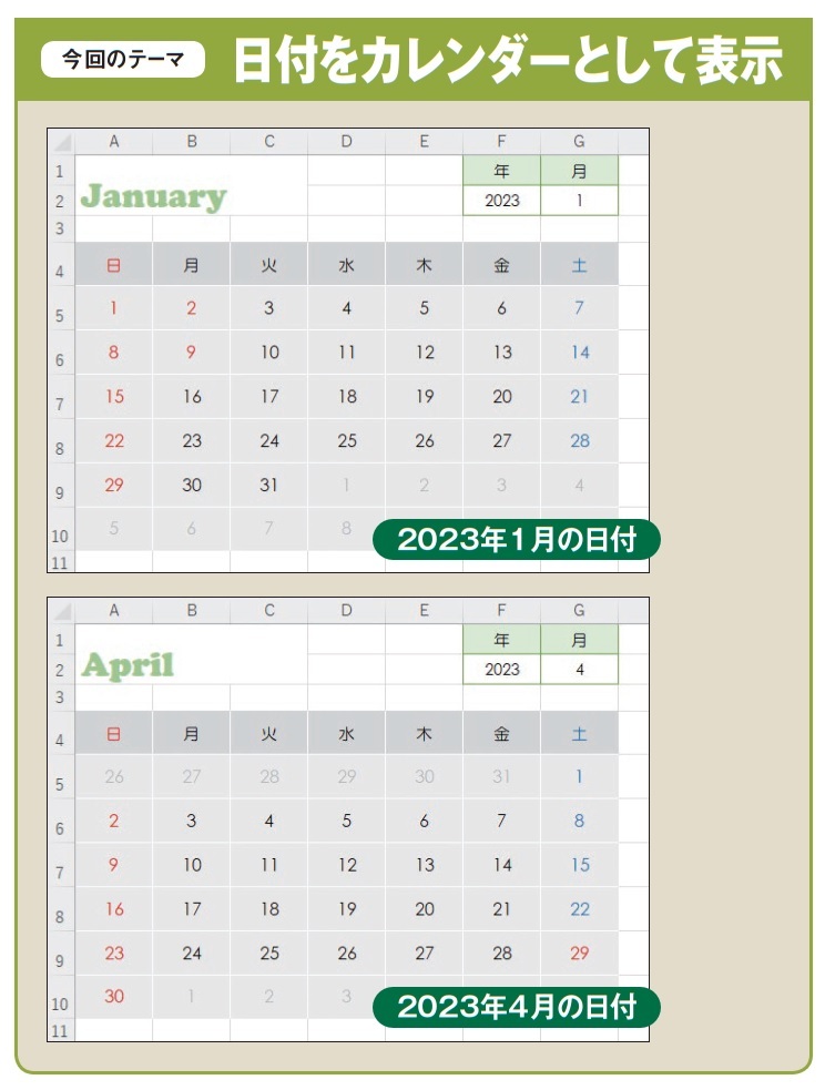 図1　今回作成するカレンダーの完成例。F2セルの「年」は直接入力するが、G2セルの「月」は「1」〜「12」の選択肢から選ぶ。その下の各曜日の列に、指定した年・月の「日」が自動表示される。また、画面の左上側に、選んだ月の英語名が大きく表示される