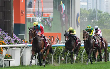日本のサトノレーヴ(右から2頭目)を引き離し、連勝を20に伸ばしたカーインライジング=香港ジョッキークラブ提供