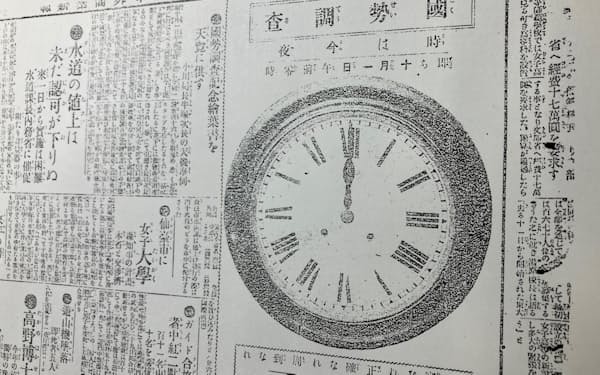 翌日の第１回の国勢調査実施を伝える大正9年9月30日付の中外商業新報（日本経済新聞の前身）の紙面の写し