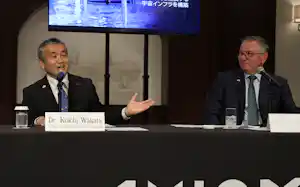 事業について説明する米アクシオム・スペースのジョナサン・サーテインCEO㊨と若田光一CTO(5月14日、東京都千代田区) 事業について説明する米アクシオム・スペースのジョナサン・サーテインCEO㊨と若田光一CTO(5月14日、東京都千代田区)