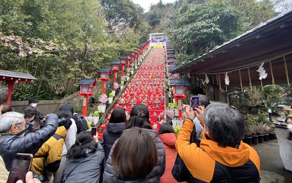 遠見岬神社の巨大なひな飾りが呼び物（24日、千葉県勝浦市）
