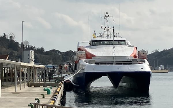 長崎県対馬市の比田勝港に到着した釜山からの高速船（25日）