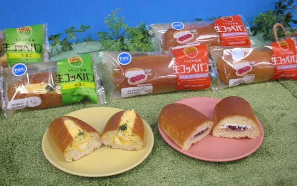 総菜パンの「たまご」㊧と菓子パンの「あん＆バター入りホイップ」の２種類を発売する