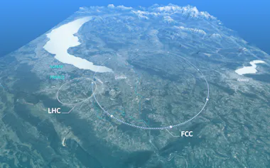 CERNが建設を目指す新型円形加速器FCCは既存のLHCより大きい(加速器の設置場所のイメージ)=CERN提供