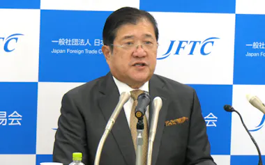 日本貿易会の安永会長(20日、東京都千代田区)