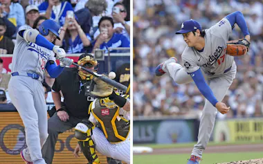 米大リーグのパドレス戦で4月22日以来となる投打での同時出場を果たしたドジャースの大谷翔平。1回に8号となる先頭打者本塁打を放ち、投げては5回無失点の好投で4勝目を挙げた(20日、サンディエゴ)=共同