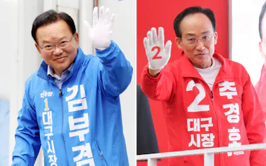 大邱市長選で対決する与党の金富謙元首相㊧と野党の秋慶鎬
元経済副首相(21日)=聯合