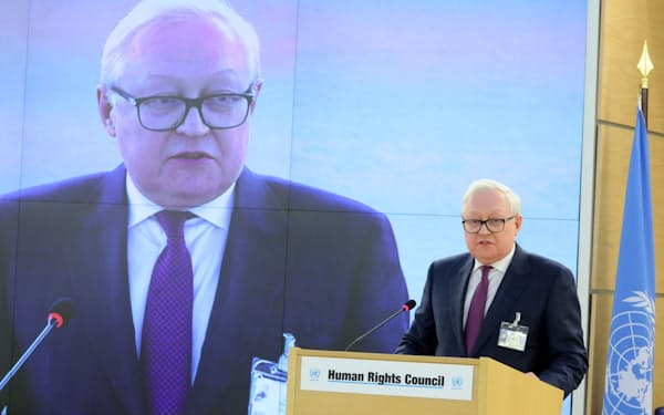 2日、ジュネーブでの国連人権理事会で発言するロシアのリャプコフ外務次官＝ロイター