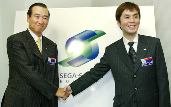 経営統合の記者会見後に握手するサミーの里見治社長（左）とセガの小口久雄社長（2004年５月18日）