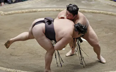 伯乃富士(奥)が寄り倒しで霧島を破る(23日、両国国技館)=共同