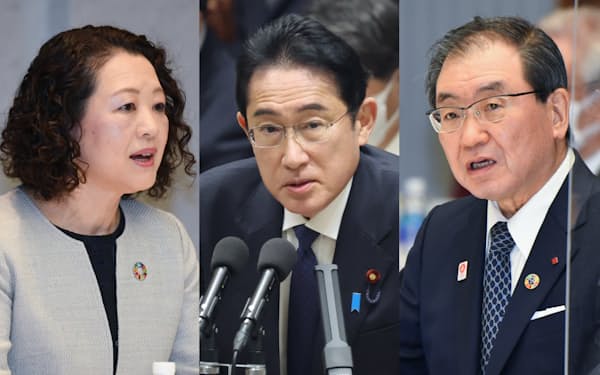 （左から）連合の芳野会長、岸田首相、経団連の十倉会長