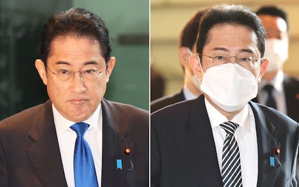 マスクを着用せず首相官邸に入る岸田首相（13日午前）。写真右は10日