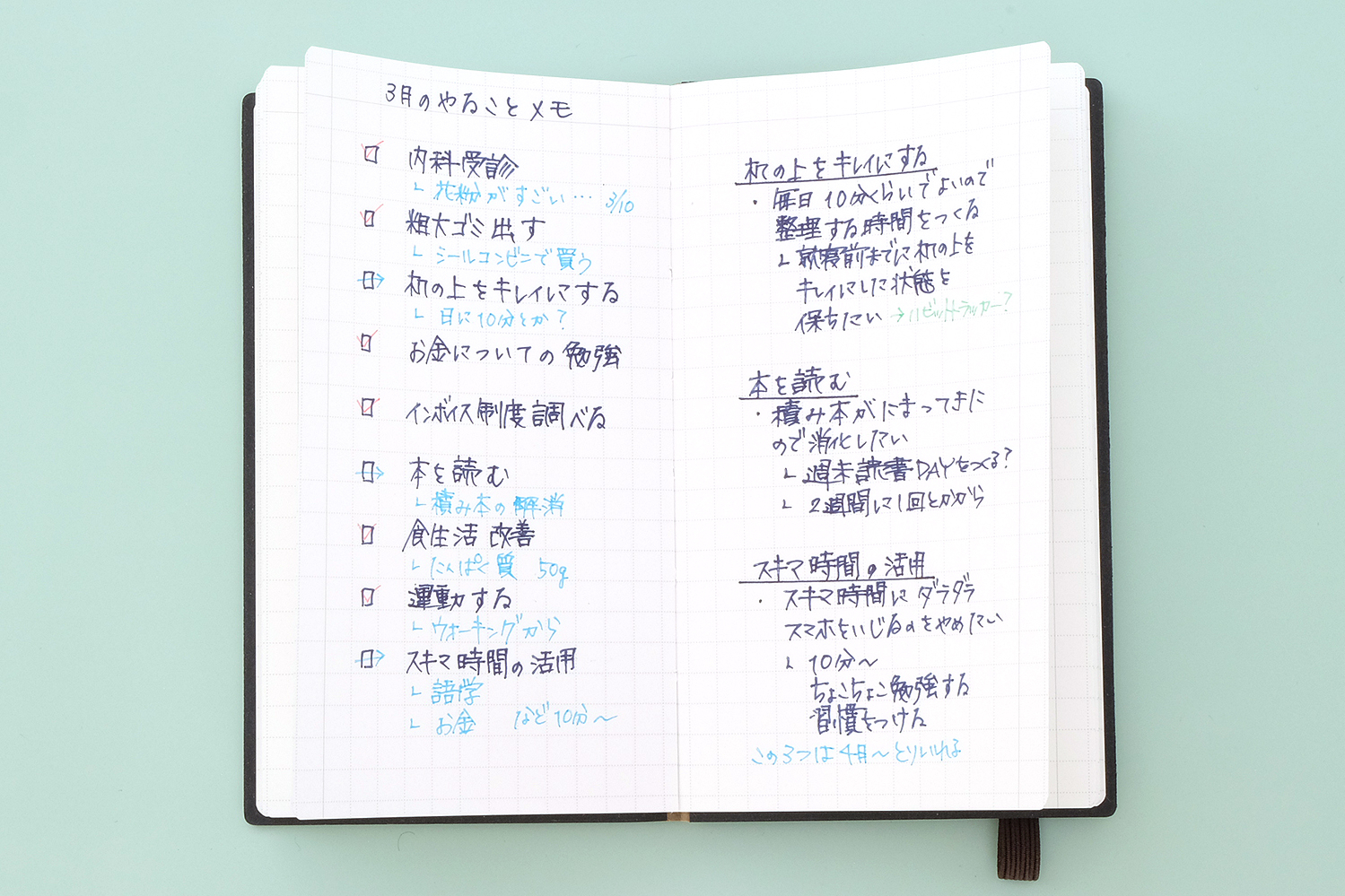 月間メモとして活用。上部の太めのラインを生かし、「3月のやることメモ」とページの見出しを書いてみました