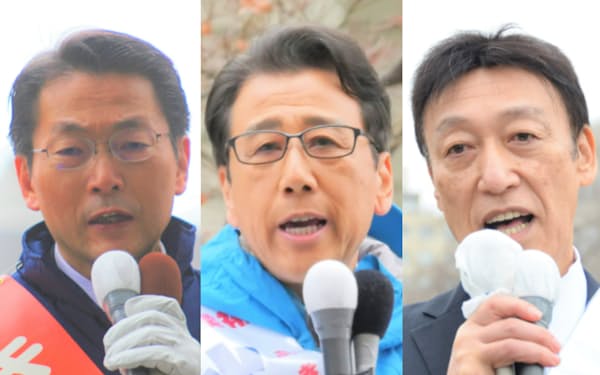 札幌市長選に立候補した3氏。届け出順に左から木幡秀男氏、秋元克広氏、高野馨氏