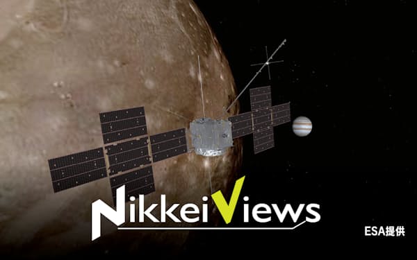 木星の衛星「ガニメデ」に接近するJUICE探査機(想像図、ESA提供)