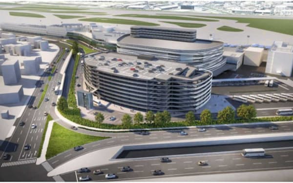 国内線ターミナルビルの隣に建設する複合施設と立体駐車場の完成イメージ