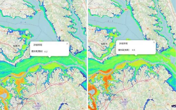 利根川をはさむ千葉県や茨城県における現在㊧と将来の浸水リスクを分析