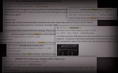 アマゾンで購入したUSBからウイルスが検知されたとする口コミ投稿(アマゾンのウェブページから抜粋)