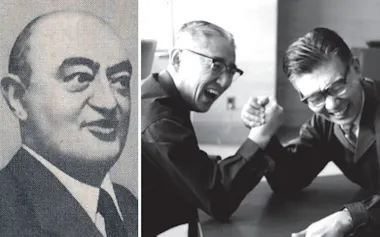 創造的破壊を説いたシュンペーター㊧。ソニー創業者の盛田昭夫氏と井深大氏はその理論を体現した