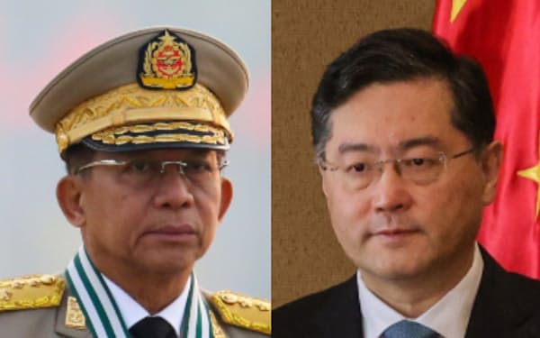 ミャンマーのミンアウンフライン国軍総司令官（左）と中国の秦剛国務委員兼外相＝ロイター