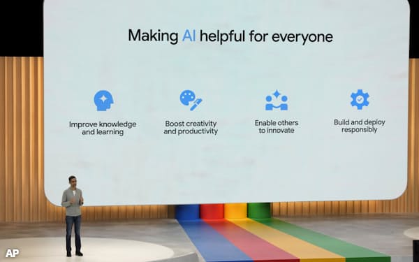 恒例の開発者会議「Google I/O 2023」で基調講演する米グーグルのスンダー・ピチャイCEO=AP