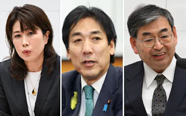 左から日銀の佐藤審議委員、城内経済財政相、日銀の浅田審議委員