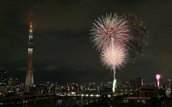 夏の夜空を彩る隅田川の花火(25日、東京都台東区) 夏の夜空を彩る隅田川の花火(25日、東京都台東区)