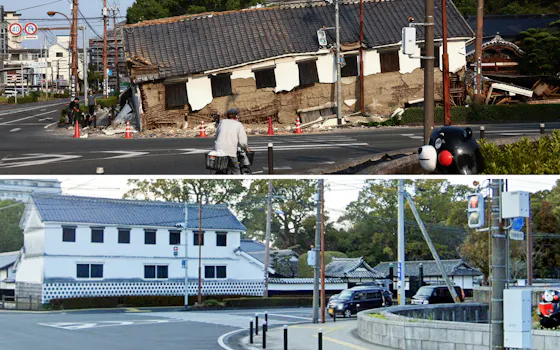 上)地震で傾いた国の名勝「松浜軒」の蔵(2日、熊本県八代市)
下)被災前の国の名勝「松浜軒」の蔵(2022年2月、八代市)©Google ストリートビュー 上)地震で傾いた国の名勝「松浜軒」の蔵(2日、熊本県八代市)
下)被災前の国の名勝「松浜軒」の蔵(2022年2月、八代市)©Google ストリートビュー
