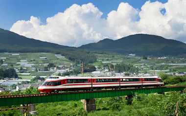 夜間瀬(よませ)川橋梁を渡る長野電鉄の特急列車。小田急電鉄のロマンスカーを譲り受けた。製造後40年近くたつが、今なお現役で走り続ける