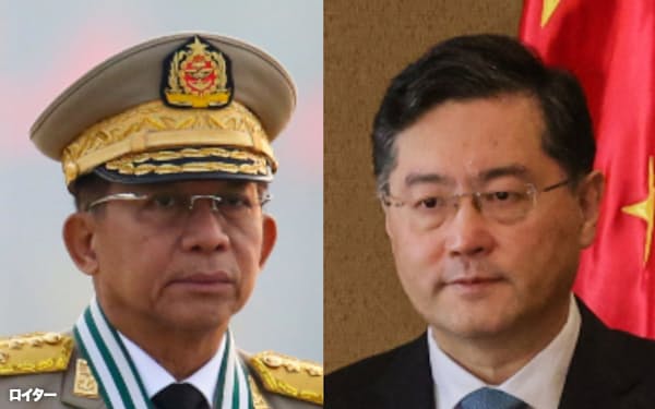 ミャンマーのミンアウンフライン国軍総司令官㊧と中国の秦剛国務委員兼外相