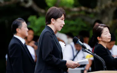 長崎の平和祈念式典であいさつする高市首相=ロイター