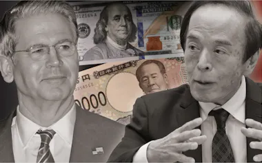 ベッセント米財務長官㊧と植田日銀総裁